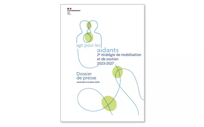 Visuel de la page de couverture du dossier de presse de la stratégie Agir pour les aidants 2023-2027