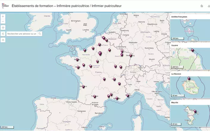 Cartographie des établissements de formation d'infirmière puéricultrice et infirmier puériculteur