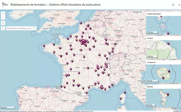 Cartographie des établissements de formation dispensant le diplôme d'État d'auxiliaire de puériculture