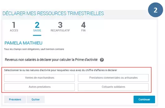 Etape numéro 2 : sélectionner la ou les natures d'activité pour lesquelles vous avez du chiffre à déclarer parmi : Vénetes de marchandises, prestation commerciales ou artisanales, autres prestations ou cotisants soldiarires.