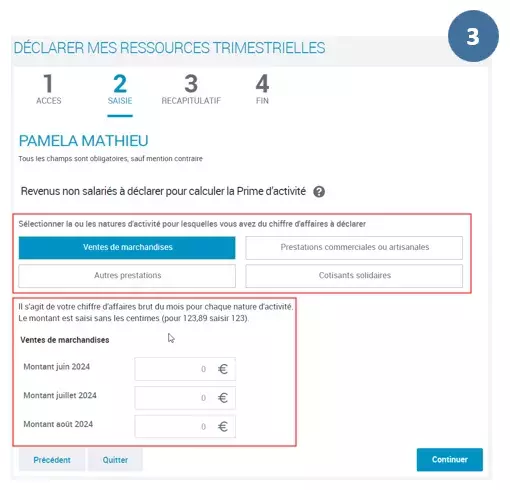 Etape 3 - Une fois la nature des activités selectionnées, renseignez votre chiffre d'affaire comme indiqué.