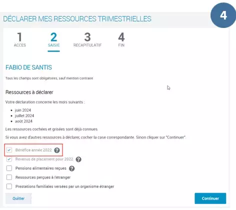 Etape 4 - Si vous avez d'autres ressources à déclarer, cochez les cases correspondantes.